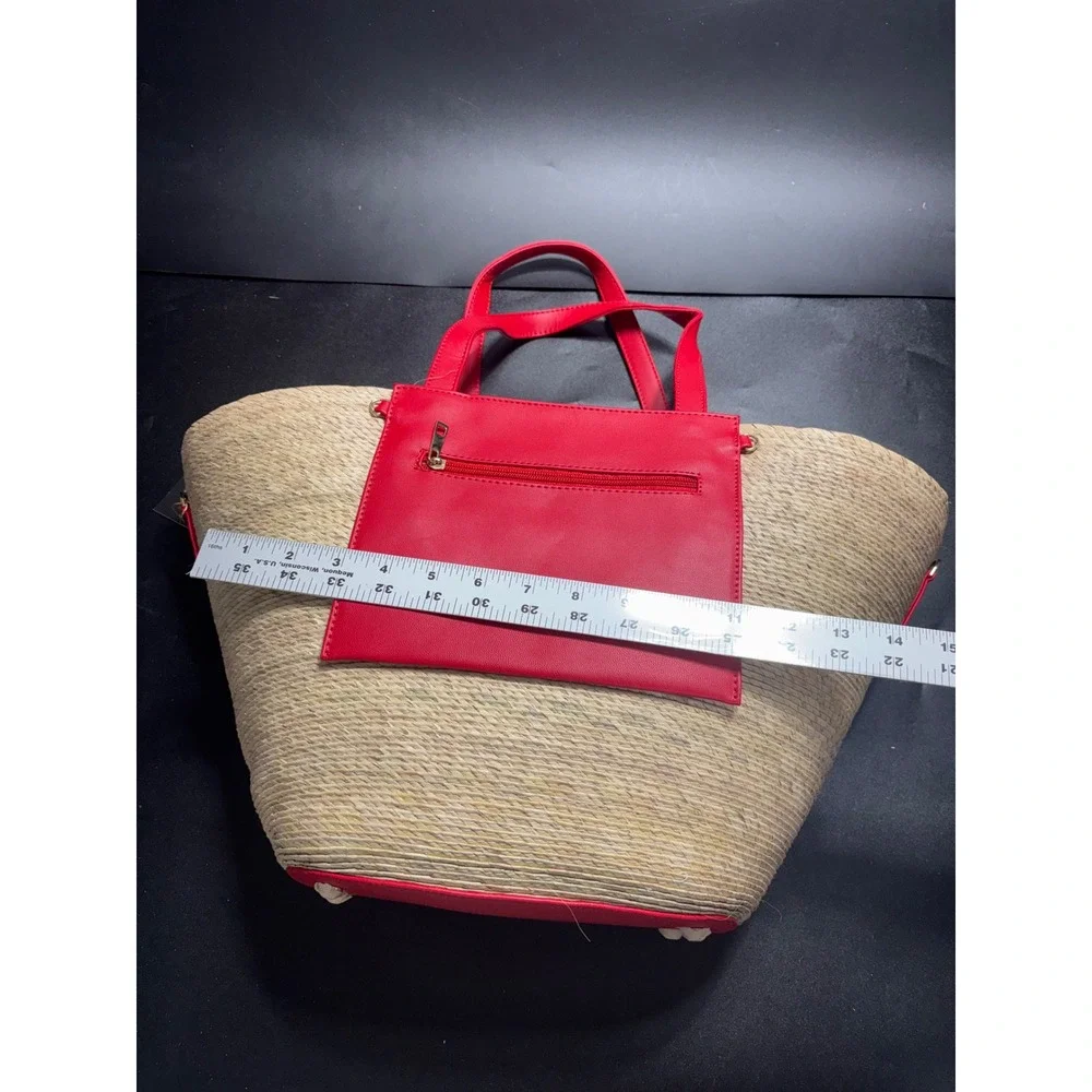 By Del Rio Straw Tote Bag Red‎ Faux Leather Trim Crossbody Strap NWT 00-157